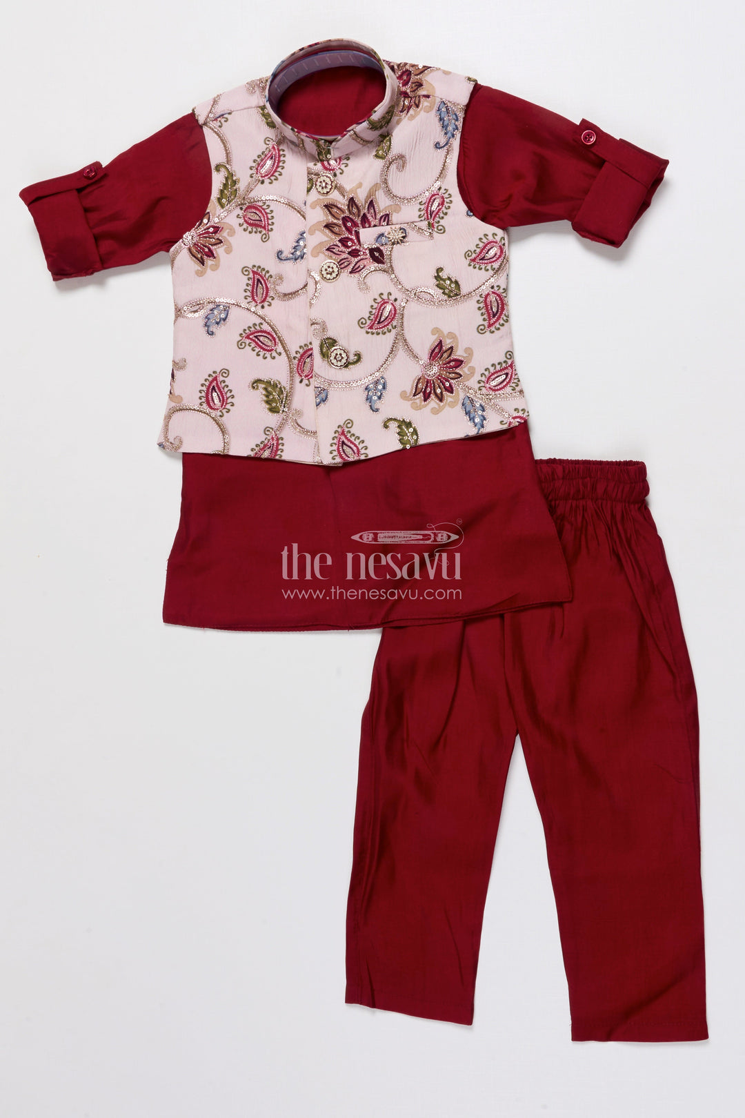 The Nesavu Boys Jacket Sets Boys Ethnic Jacket Set with Printed Silk Layer for Festive Celebrations Nesavu 14 (6M) / Red BES833A-14 Nesavu boys ethnic jacket set silk printed layer festive events family weddings