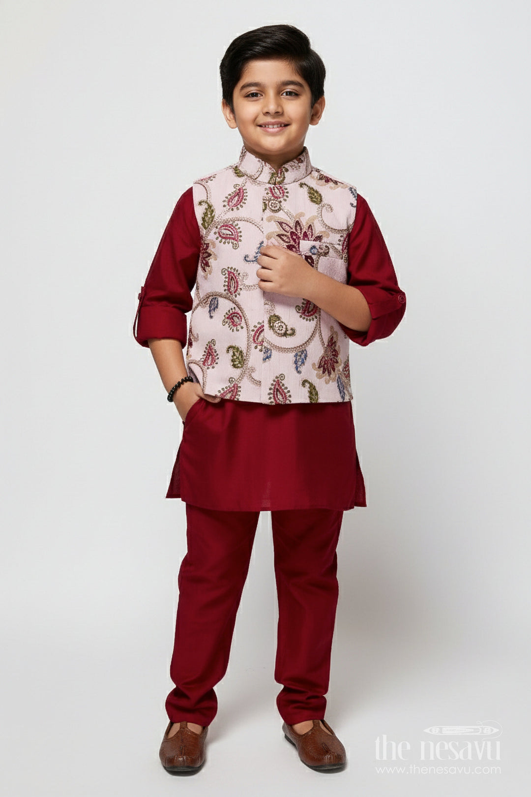 The Nesavu Boys Jacket Sets Boys Ethnic Jacket Set with Printed Silk Layer for Festive Celebrations Nesavu 14 (6M) / Red BES833A-14 Nesavu boys ethnic jacket set silk printed layer festive events family weddings