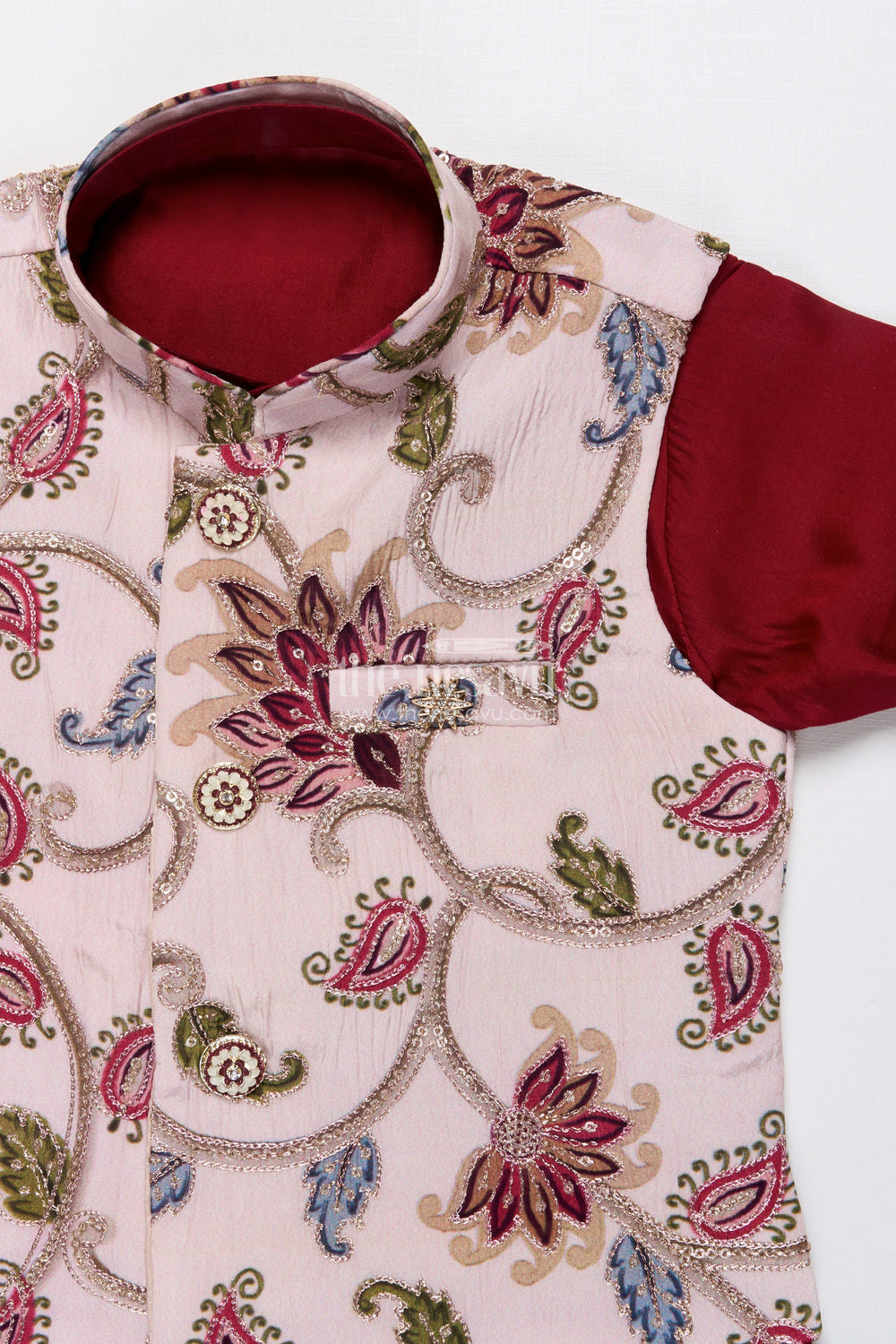 The Nesavu Boys Jacket Sets Boys Ethnic Jacket Set with Printed Silk Layer for Festive Celebrations Nesavu Nesavu boys ethnic jacket set silk printed layer festive events family weddings