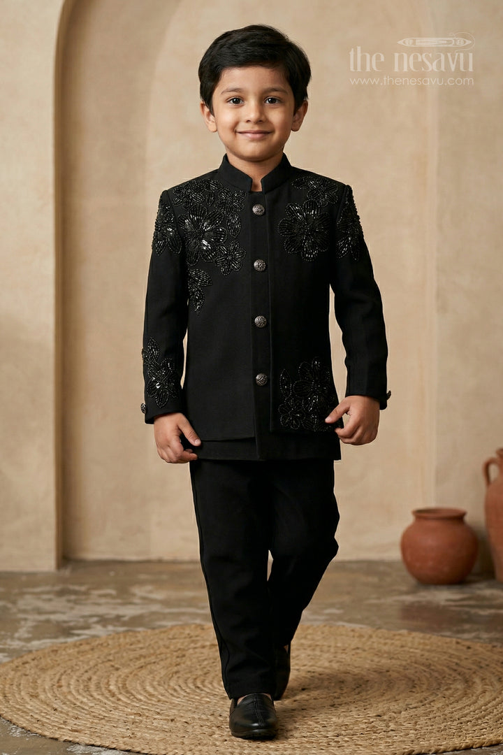 The Nesavu Boys Jacket Sets Boys Ethnic Jackets Set for Weddings and Festive Occasions Nesavu 14 (6M) / Black / Viscose Silk BES968A-14 Nesavu boys viscose silk blend jacket set with velvet embroidered jacket for weddings and festive wear
