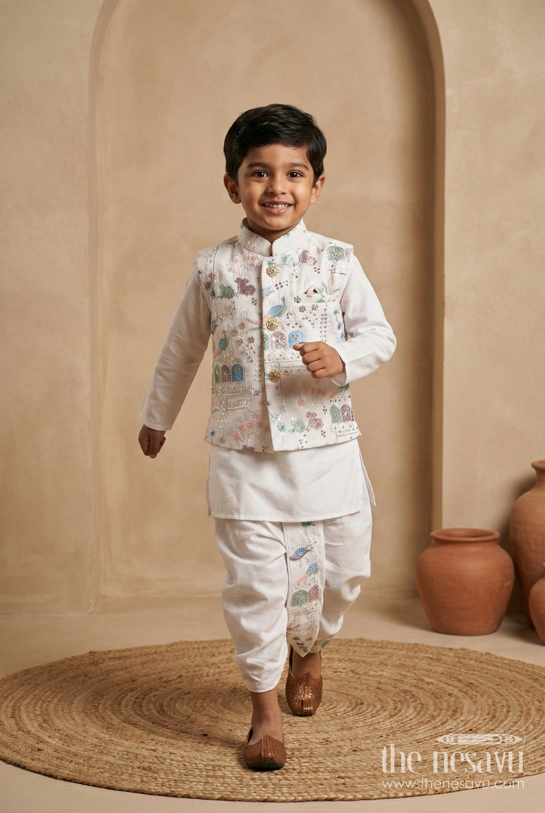 The Nesavu Boys Jacket Sets Boys Ethnic Kurta Jacket Set with Embroidery for Weddings and Family Events Nesavu 14 (6M) / Half white BES932B-14 Nesavu boys kurta jacket set embroidery silk blend festive outfit weddings special occasions