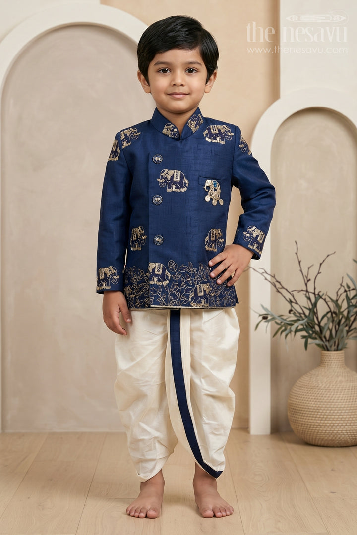 The Nesavu Boys Kurtha Set Boys Ethnic Kurta Set for Traditional Festival Dressing Nesavu 14 (6M) / Blue / Viscose BES1017B-14 Nesavu Boys Embroidered Ethnic Kurta Set With Dhoti Pants For Festive Family Functions