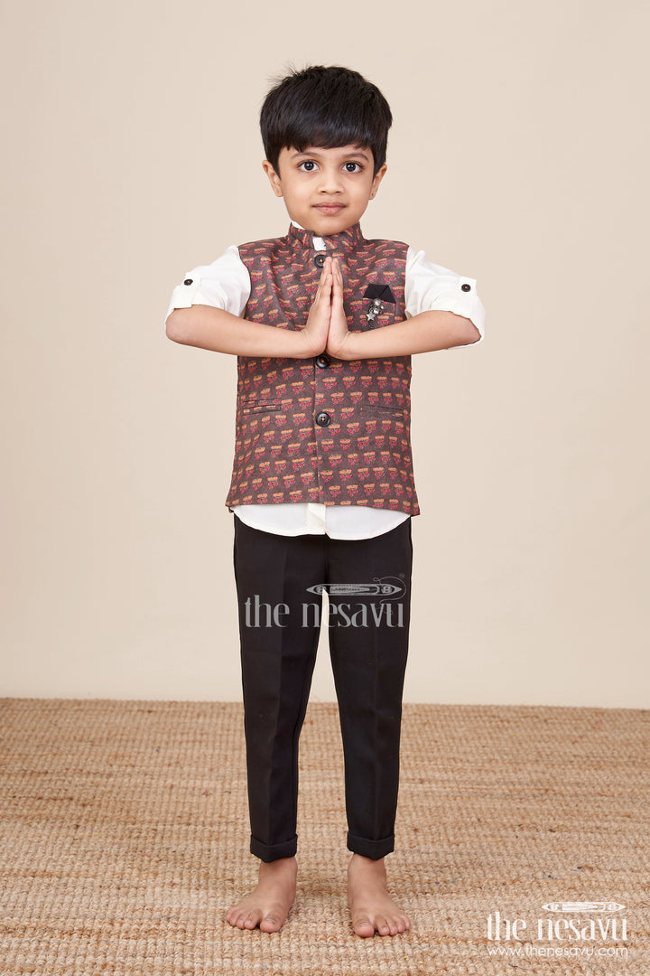 The Nesavu Boys Casual Set Boys Ethnic Outfit with Printed Nehru Jacket and Cotton Pants Nesavu 16 (1Y) / Brown BCS441A-16 Nesavu boys ethnic cotton outfit printed jacket shirt weddings functions
