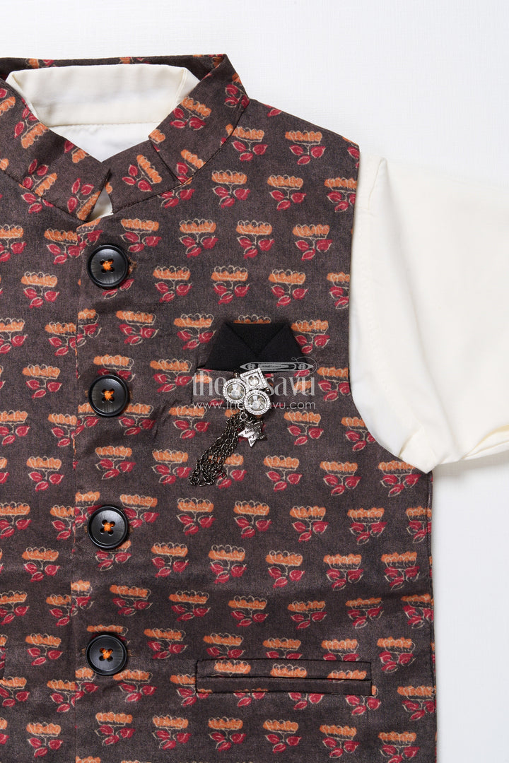 The Nesavu Boys Casual Set Boys Ethnic Outfit with Printed Nehru Jacket and Cotton Pants Nesavu Nesavu boys ethnic cotton outfit printed jacket shirt weddings functions