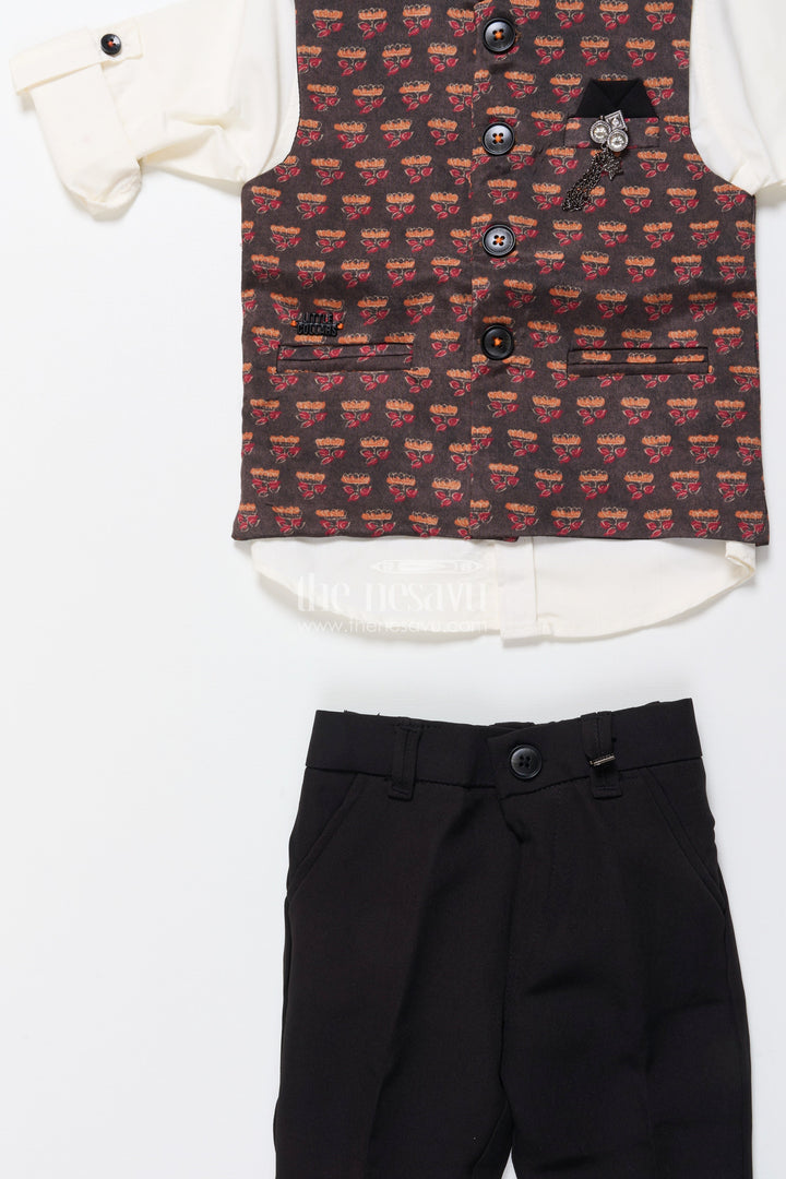 The Nesavu Boys Casual Set Boys Ethnic Outfit with Printed Nehru Jacket and Cotton Pants Nesavu Nesavu boys ethnic cotton outfit printed jacket shirt weddings functions