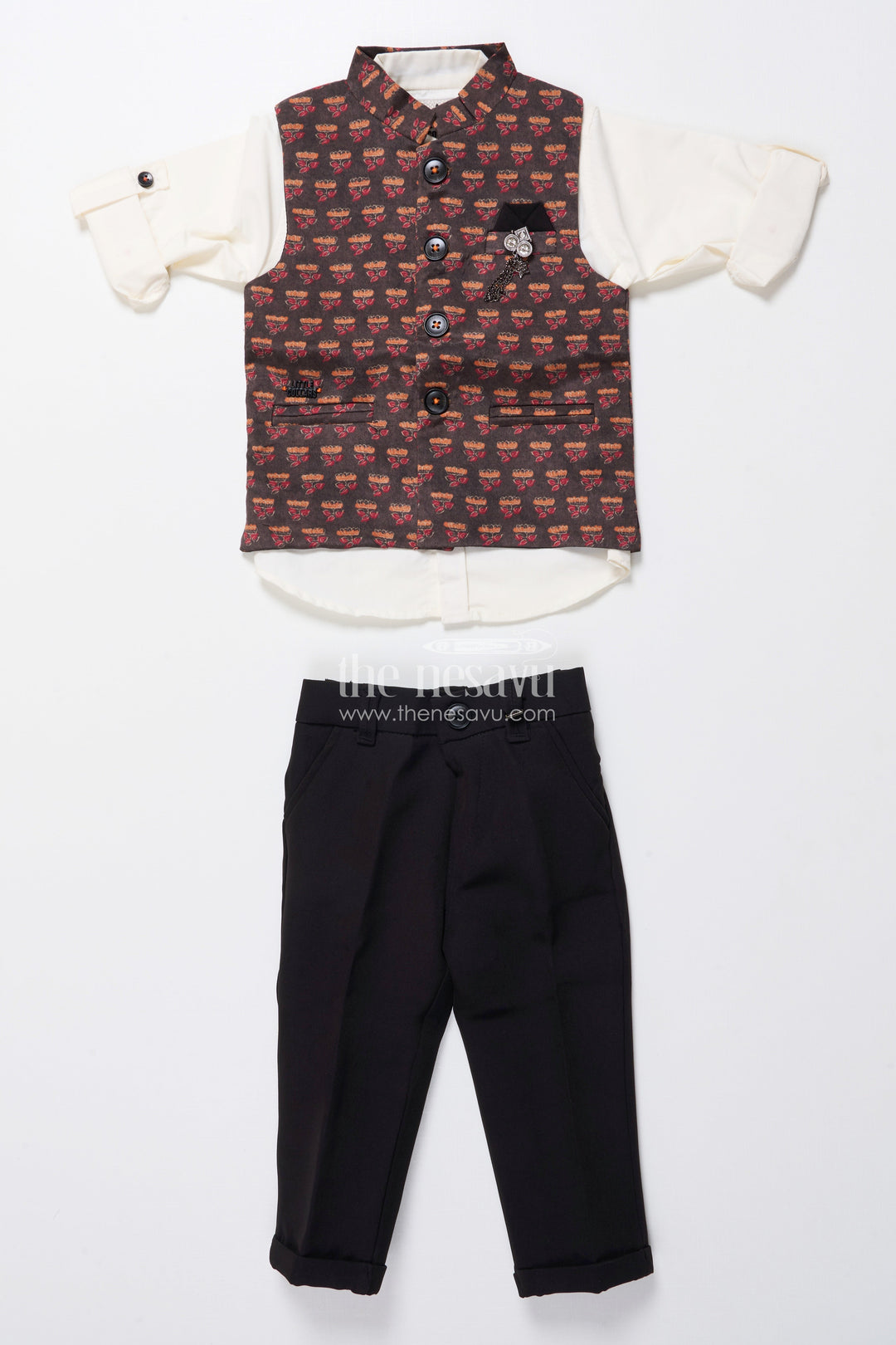 The Nesavu Boys Casual Set Boys Ethnic Outfit with Printed Nehru Jacket and Cotton Pants Nesavu Nesavu boys ethnic cotton outfit printed jacket shirt weddings functions