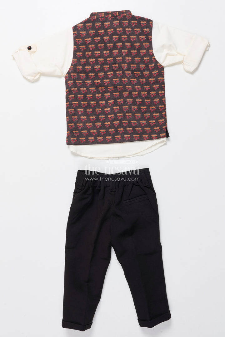 The Nesavu Boys Casual Set Boys Ethnic Outfit with Printed Nehru Jacket and Cotton Pants Nesavu Nesavu boys ethnic cotton outfit printed jacket shirt weddings functions