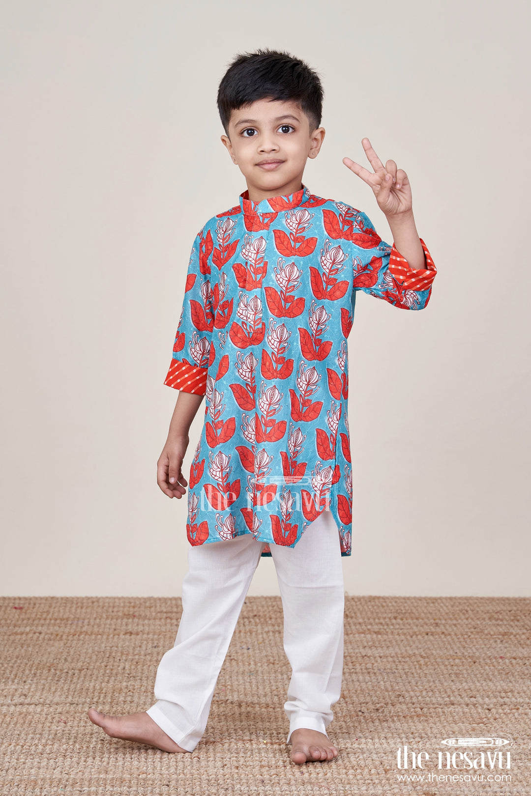 The Nesavu Boys Kurtha Set Boys Ethnic Printed Kurta Pyjama Set for Cultural Celebrations Nesavu 16 (1Y) / Blue BES782A-16 Nesavu boys kurta pyjama set short sleeves festive wear birthday events