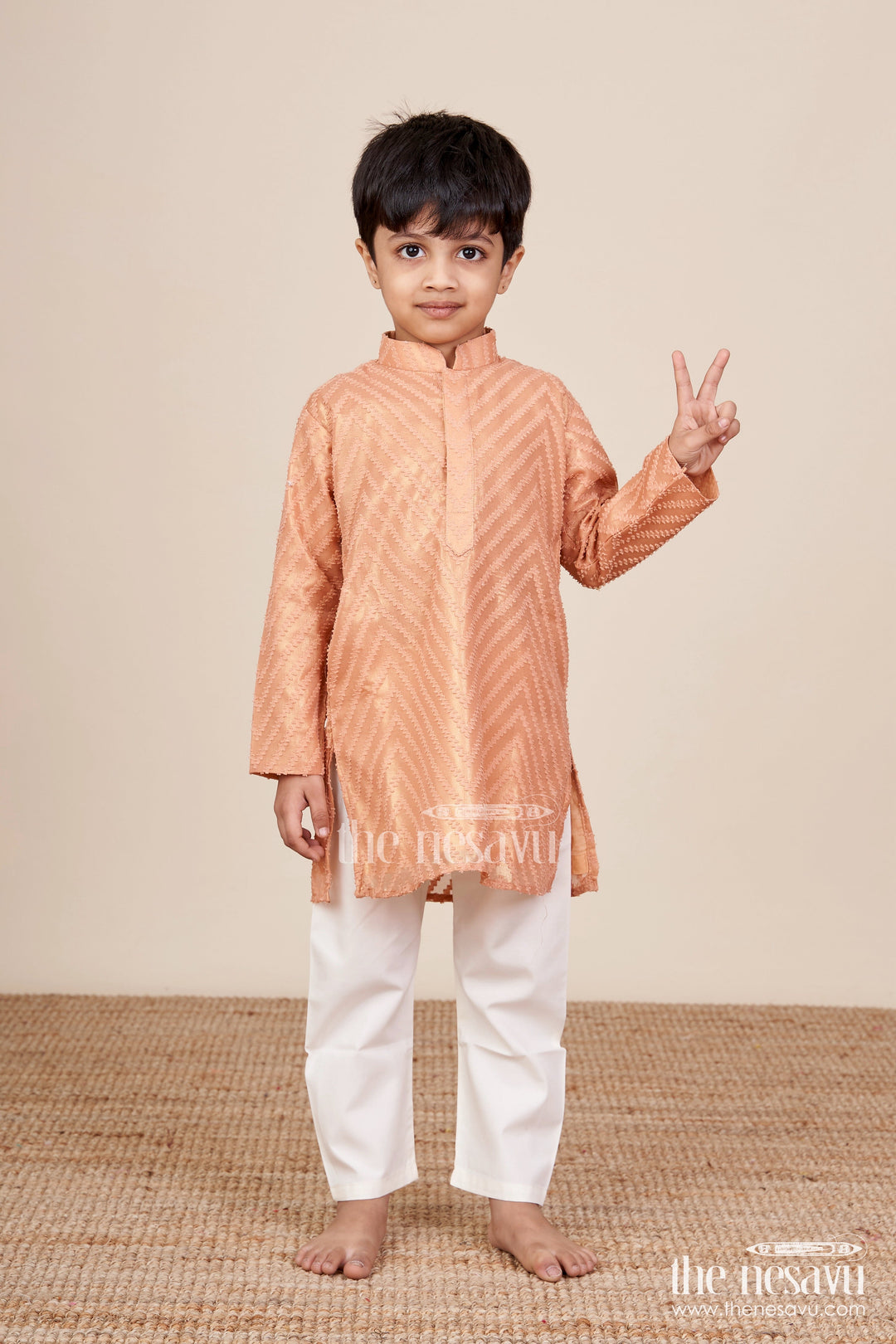 The Nesavu Boys Kurtha Set Boys Ethnic Silk Kurta Set for Festive and Cultural Events Nesavu 18 (2Y) / Peach BES758B-18 Nesavu boys silk blend ethnic kurta set churidar festive cultural occasions