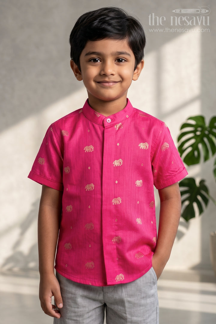 The Nesavu Boys Silk Shirt Boys Ethnic Silk Shirt for Festive Traditions and Cultural Functions Nesavu 16 (1Y) / Pink / Raw Silk BS502E-16 Nesavu Boys Ethnic Raw Silk Shirt With Jacquard Elephant Butta For Traditional Celebrations