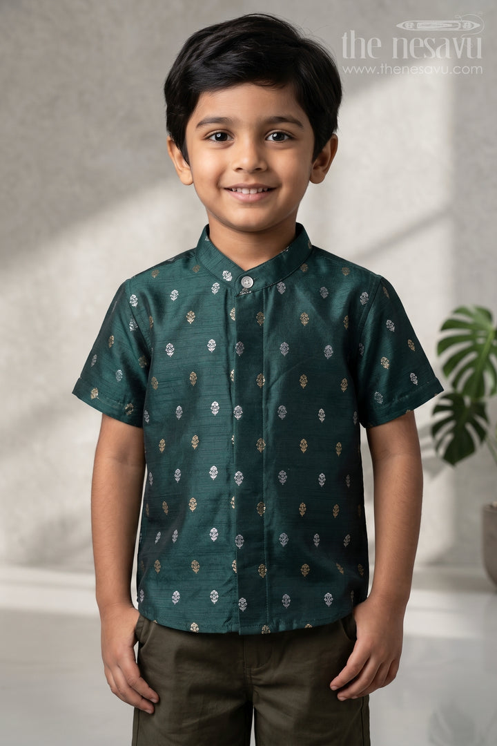 The Nesavu Boys Silk Shirt Boys Ethnic Silk Shirt for Festive Traditions and Temple Celebrations Nesavu 16 (1Y) / Green / Raw Silk BS504B-16 Nesavu Boys Raw Silk Shirt With Jacquard Butta Weave For Festive Traditions And Weddings