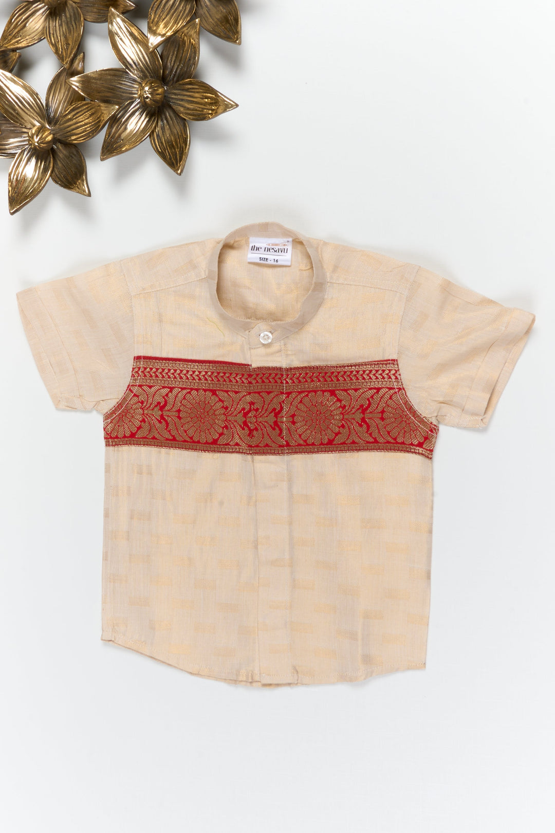 The Nesavu Boys Silk Shirt Boys Ethnic Silk Shirt with Banarasi Detailing for Special Occasions Nesavu 14 (6M) / Gold / Cotton Silk BS401A-14 Nesavu boys silk shirt with Banarasi border in cotton tissue for weddings and special celebrations