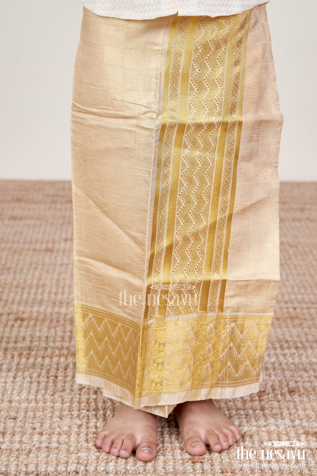 The Nesavu Boys Vesti Boys Ethnic Vesti for Grand Temple Visits and Family Festivals Nesavu 16 (1Y) / Gold D034A-16 Nesavu boys zari vesti embossed motifs broad border temple visits celebrations