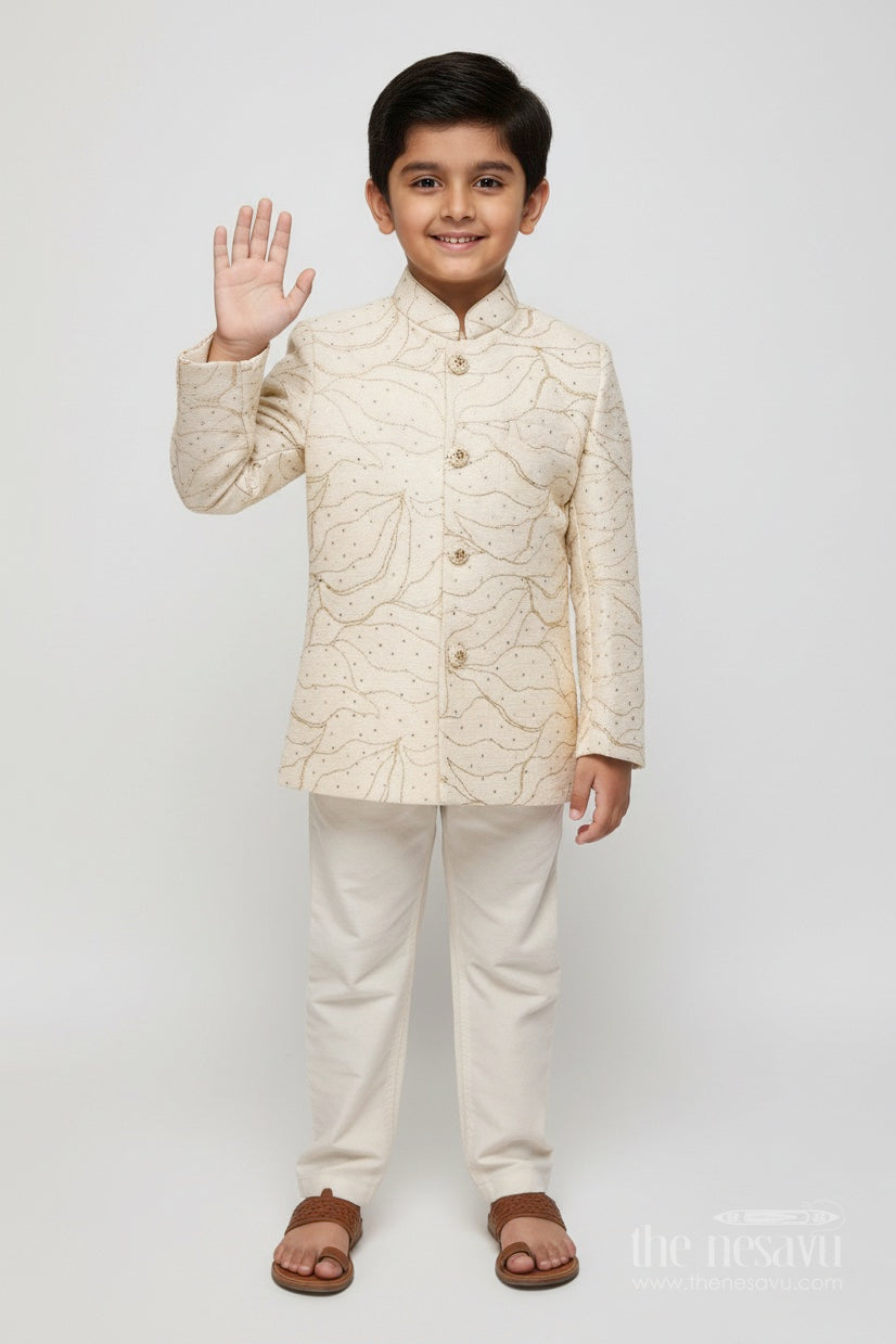 The Nesavu Boys Casual Set Boys Ethnic Wear Set In Raw Silk for Wedding and Festive Occasions Nesavu 14 (6M) / Cream BES917A-14 Nesavu boys ethnic set cream raw silk designer embroidery wedding occasions