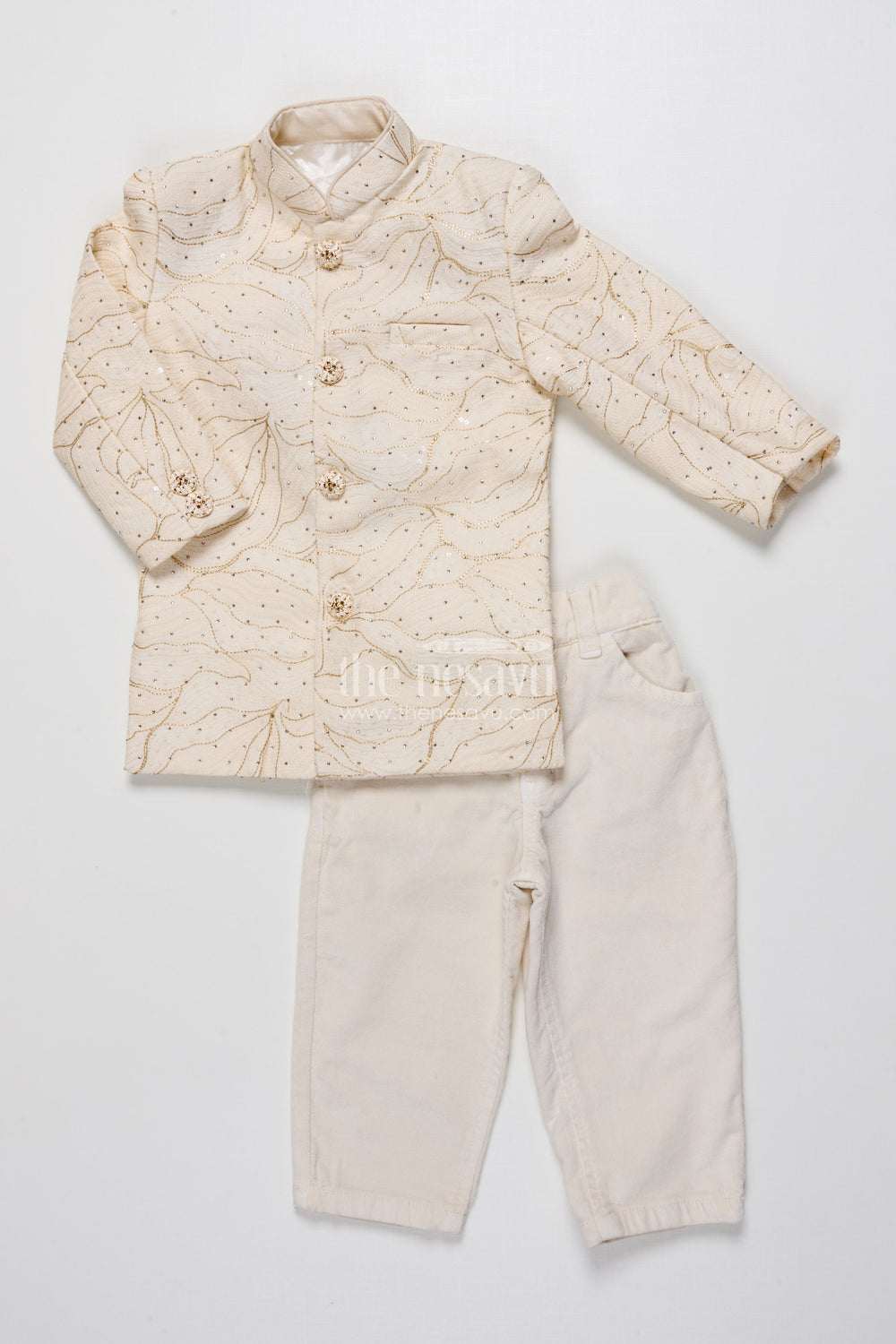 The Nesavu Boys Casual Set Boys Ethnic Wear Set In Raw Silk for Wedding and Festive Occasions Nesavu Nesavu boys ethnic set cream raw silk designer embroidery wedding occasions