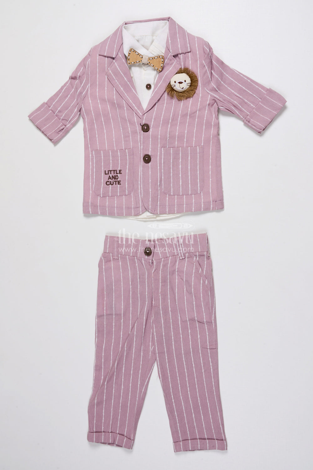 The Nesavu Boys Blazer Set Boys Festive Blazer Set with Jacquard Stripes and Bow Tie Detail Nesavu 16 (1Y) / Pink BCS488A-16 Nesavu boys jacquard blazer suit set bow tie  formal party outfit