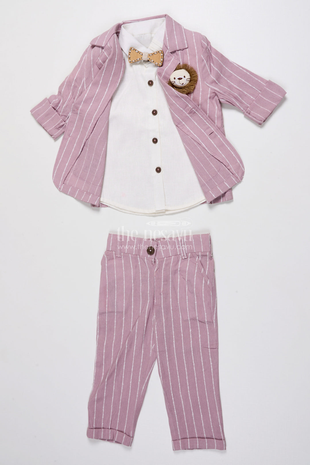 The Nesavu Boys Blazer Set Boys Festive Blazer Set with Jacquard Stripes and Bow Tie Detail Nesavu Nesavu boys jacquard blazer suit set bow tie  formal party outfit