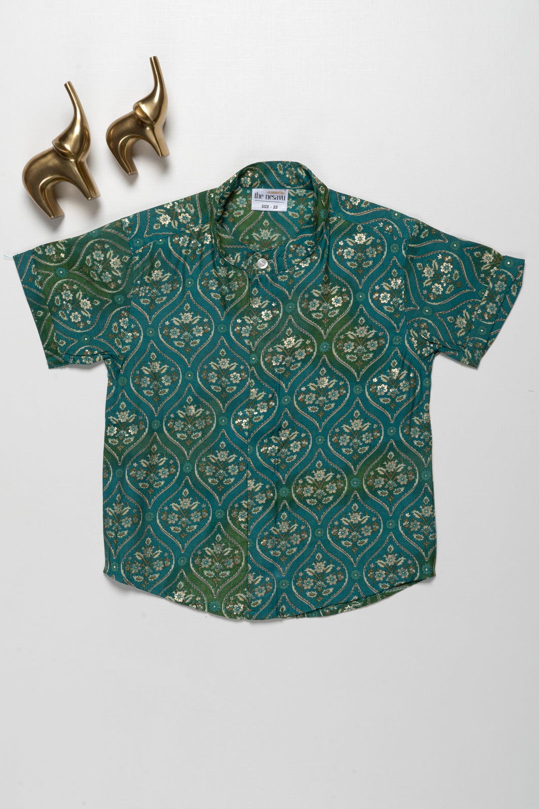 The Nesavu Boys Cotton Shirt Boys Festive Chanderi Shirt - Green Designer Mandarin Collar Kids Shirt Nesavu 16 (1Y) / Green / Chanderi BS155B-16 Boys Festive Chanderi Shirt | Green Designer Floral Mandarin Collar Kids Shirt | The Nesavu