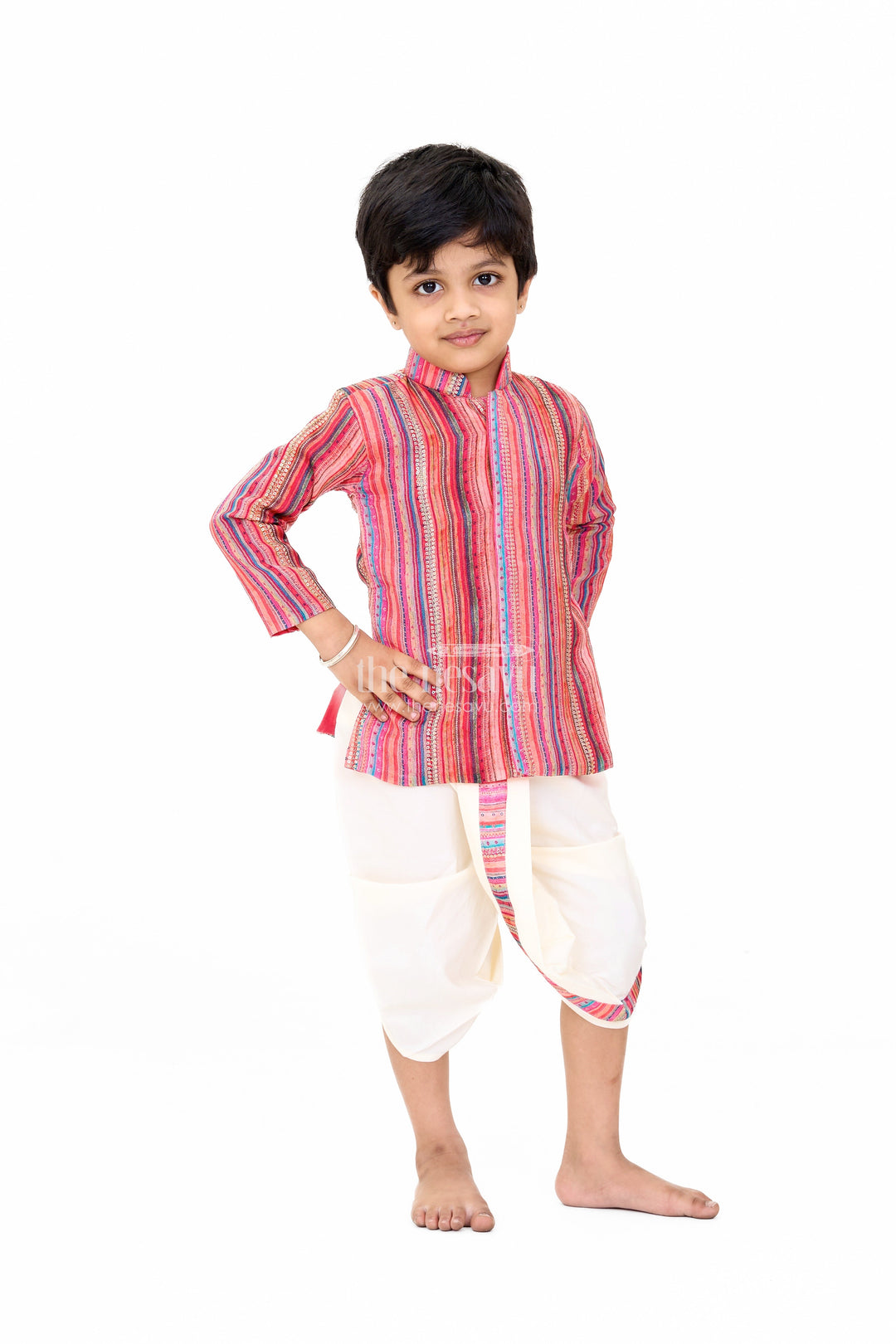 The Nesavu Boys Dothi Set Boys Festive Cotton Dhoti Set with Red Multicolor Striped Kurta Nesavu Boys Cotton Festive Dhoti Set Red Multicolor Kurta Sequin Highlights | The Nesavu