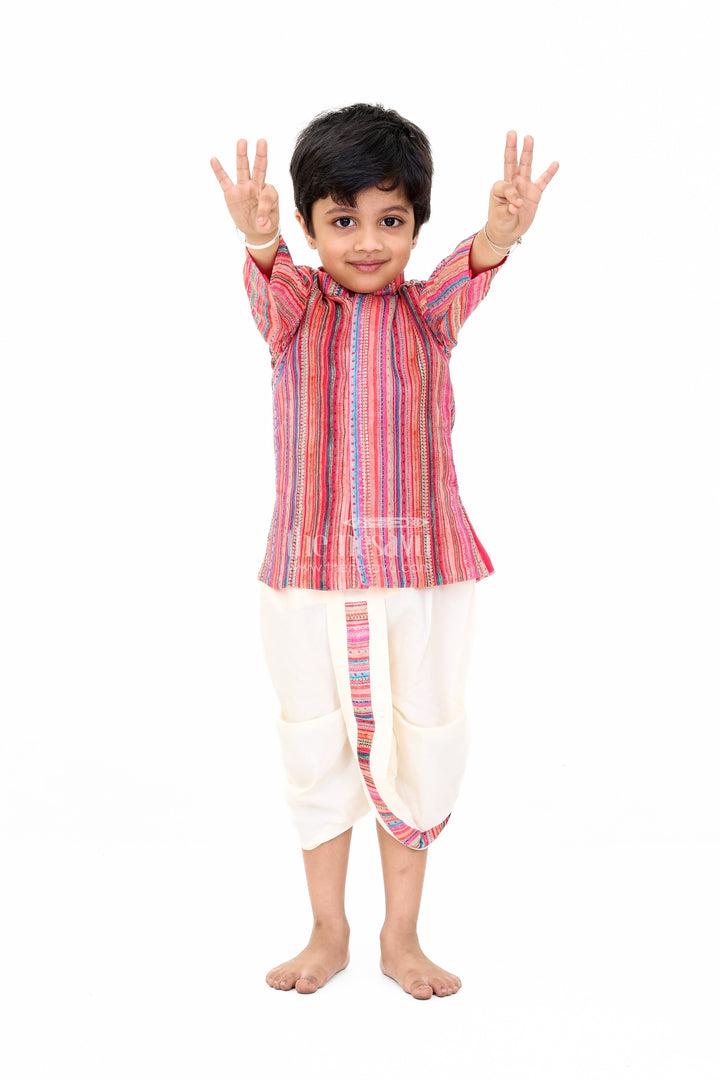 The Nesavu Boys Dothi Set Boys Festive Cotton Dhoti Set with Red Multicolor Striped Kurta Nesavu Boys Cotton Festive Dhoti Set Red Multicolor Kurta Sequin Highlights | The Nesavu
