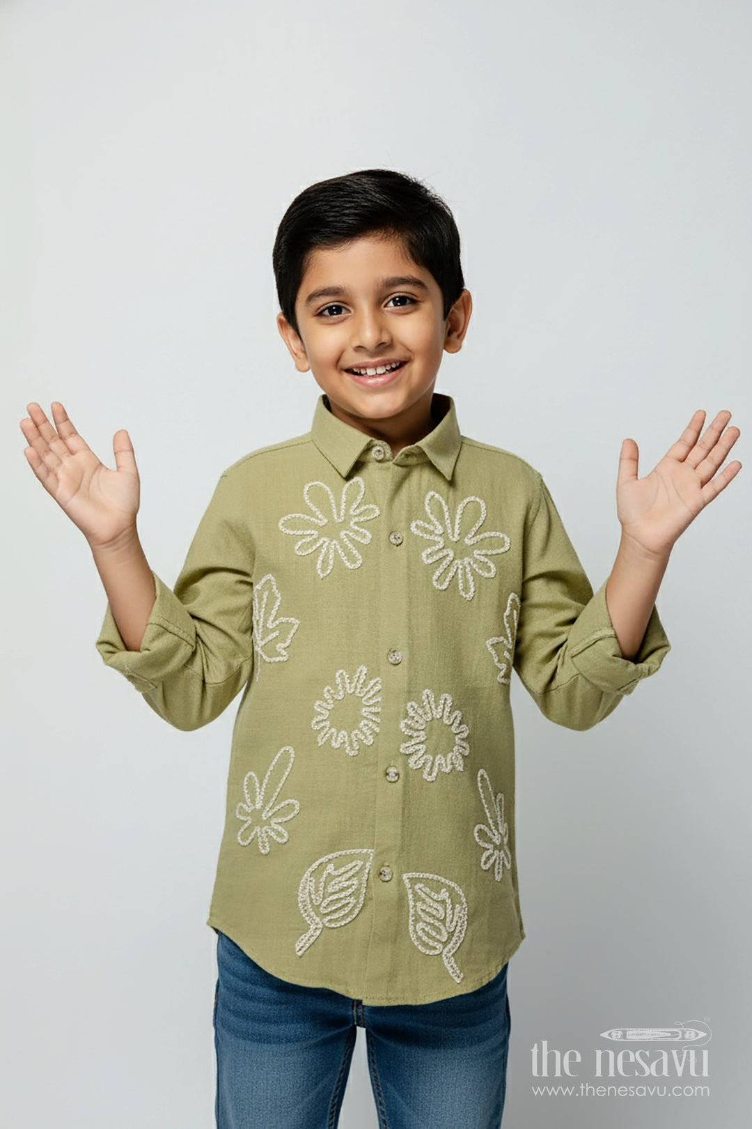 The Nesavu Boys Cotton Shirt Boys Festive Cotton Shirt with Embroidery for School Events and Family Gatherings Nesavu 26 (6Y) / Green BS359C-26 Nesavu boys festive embroidered shirt soft cotton blend perfect ethnic school wear family events