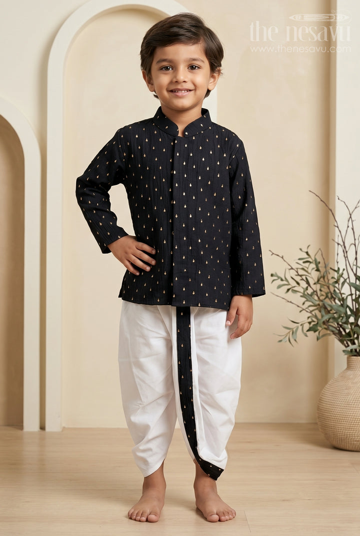 The Nesavu Boys Dothi Set Boys Festive Dothi Set for Traditional Family Occasions Nesavu 10 (NB) / Black / Viscose Silk BES1020C-10 Nesavu Boys Festive Dothi Set With Foil Motif Kurta For Traditional Family Celebrations
