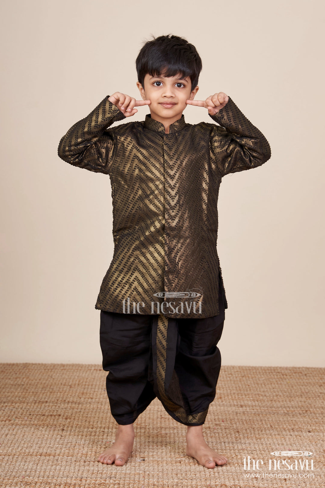 The Nesavu Boys Dothi Set Boys Festive Dothi Set for Weddings and Religious Ceremonies Nesavu 16 (1Y) / Black BES767C-16 Nesavu boys festive dothi kurta set silk blend  ideal weddings traditional family functions