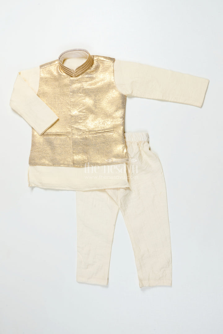 The Nesavu Boys Jacket Sets Boys Festive Jacket Kurta Set for Weddings and Traditional Celebrations Nesavu 18 (2Y) / Gold BES751C-18 Nesavu boys silk blend festive jacket kurta set weddings traditional functions