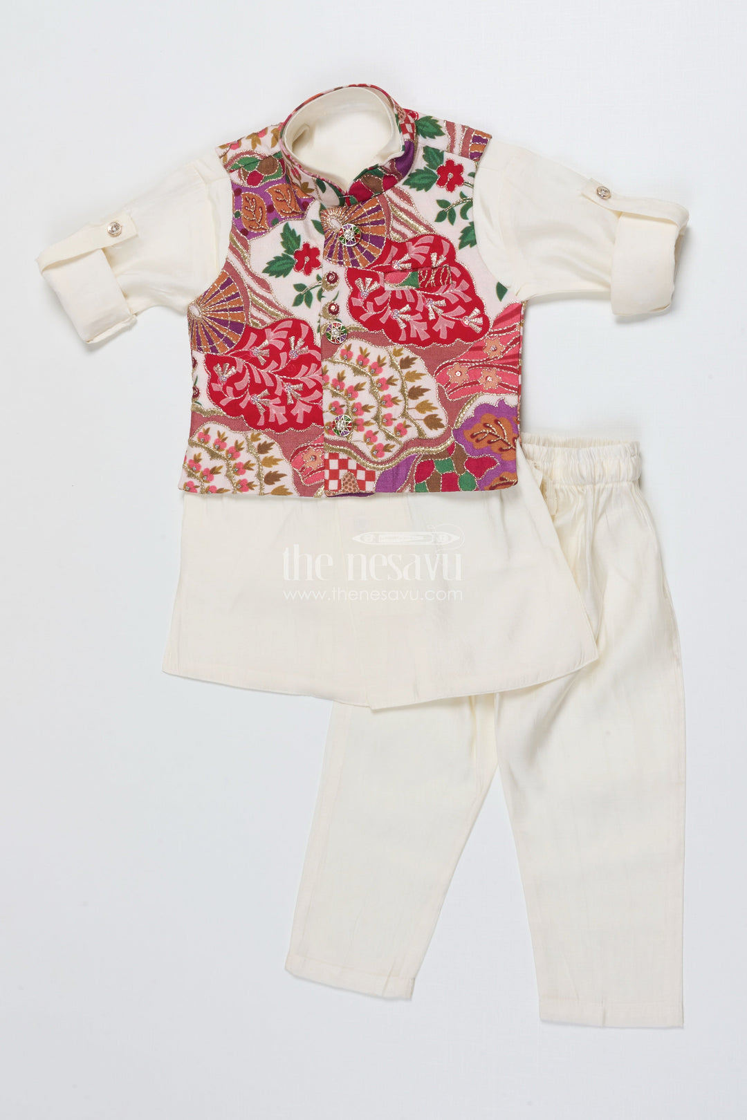 The Nesavu Boys Jacket Sets Boys Festive Jacket Set for Family Functions and Cultural Wear Nesavu 14 (6M) / Cream BES828B-14 Nesavu boys jacket kurta set embroidered Nehru jacket ethnic functions festive days