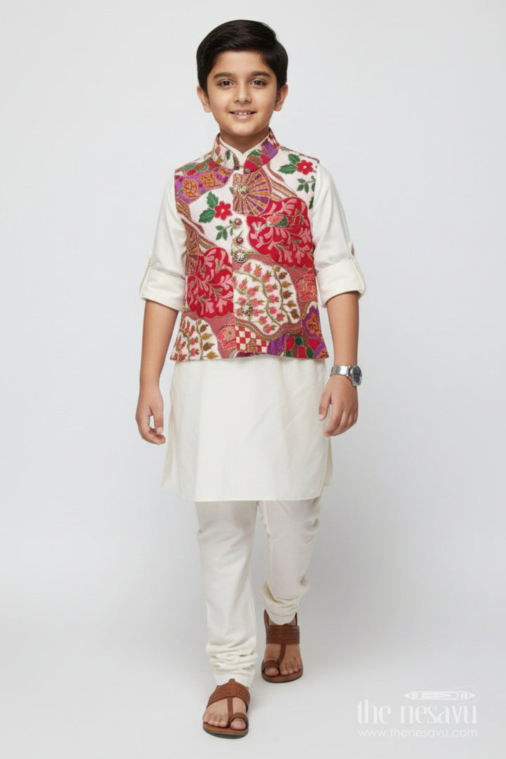 The Nesavu Boys Jacket Sets Boys Festive Jacket Set for Family Functions and Cultural Wear Nesavu 14 (6M) / Cream BES828B-14 Nesavu boys jacket kurta set embroidered Nehru jacket ethnic functions festive days