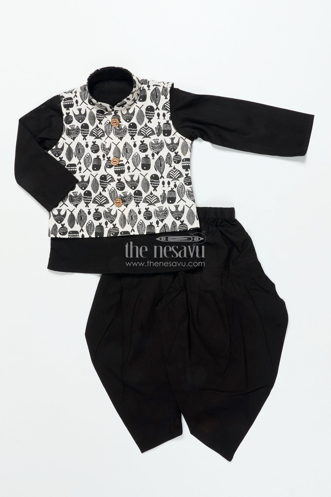 The Nesavu Boys Jacket Sets Boys Festive Jacket Set with Digital Print for Weddings and Birthdays Nesavu 12 (3M) / Black BES717A-12 Nesavu boys silk blend festive jacket set digital print birthday ethnic celebrations