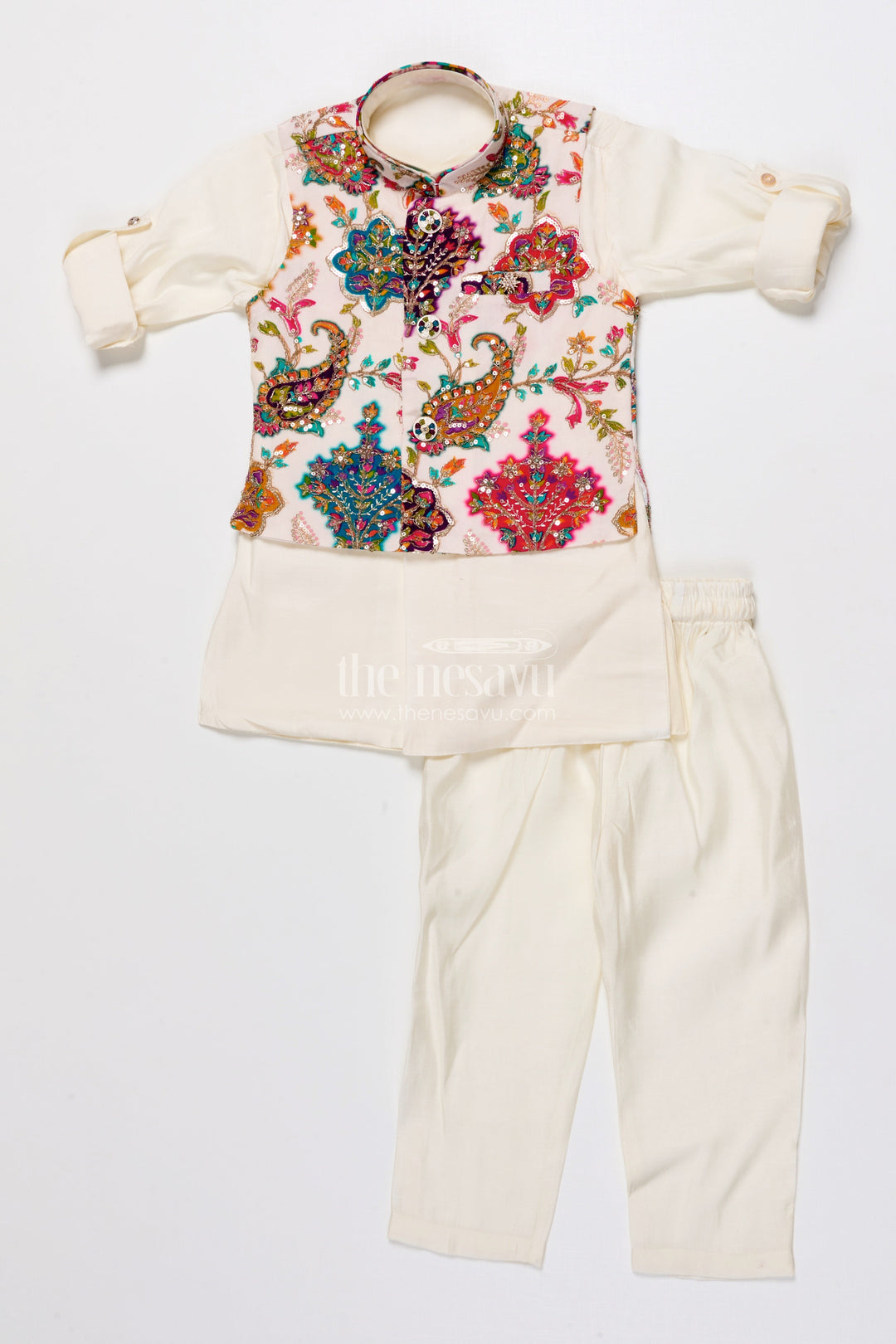 The Nesavu Boys Jacket Sets Boys Festive Jacket Set with Embroidered Details for Weddings and Parties Nesavu 16 (1Y) / Cream BES921A-16 Nesavu boys embroidered festive jacket set muslin silk weddings family celebrations