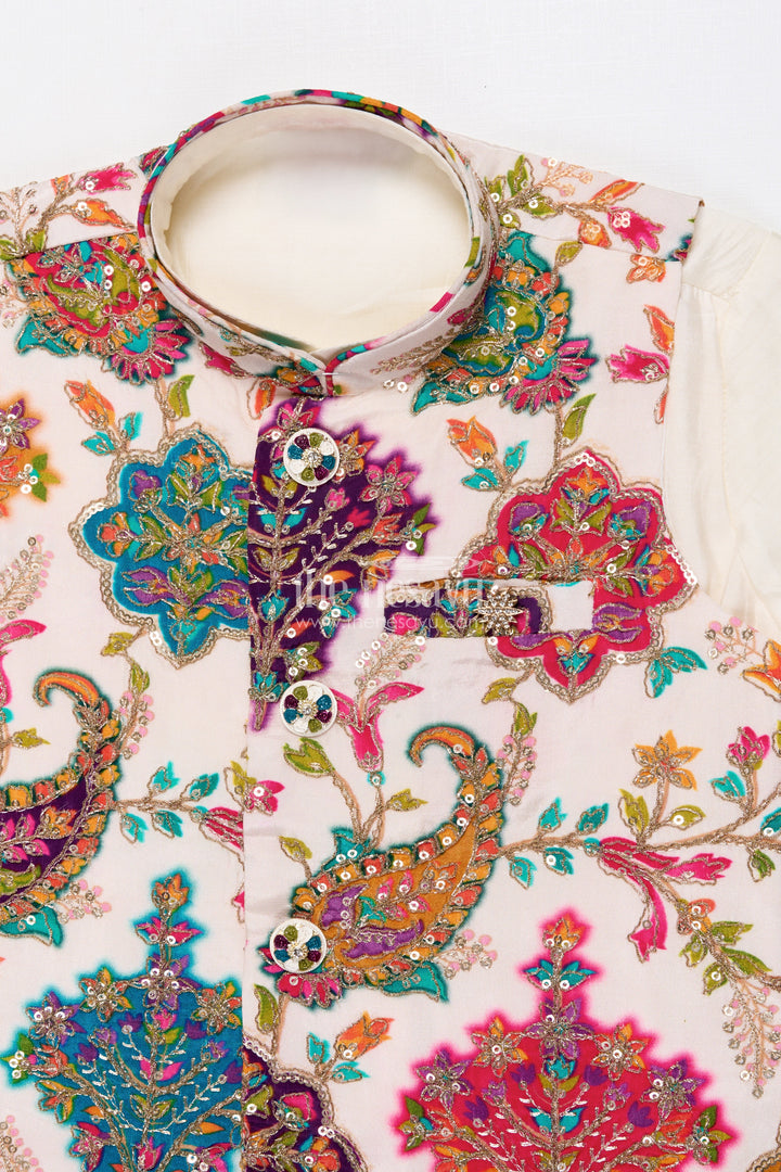 The Nesavu Boys Jacket Sets Boys Festive Jacket Set with Embroidered Details for Weddings and Parties Nesavu Nesavu boys embroidered festive jacket set muslin silk weddings family celebrations