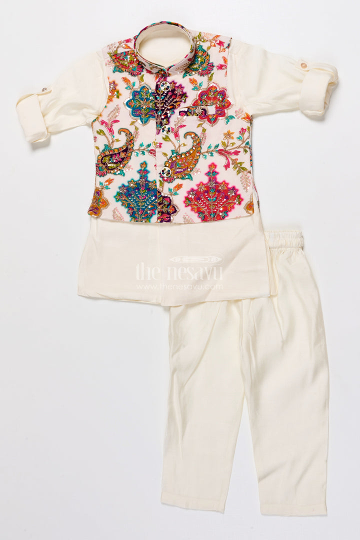 The Nesavu Boys Jacket Sets Boys Festive Jacket Set with Embroidered Details for Weddings and Parties Nesavu Nesavu boys embroidered festive jacket set muslin silk weddings family celebrations