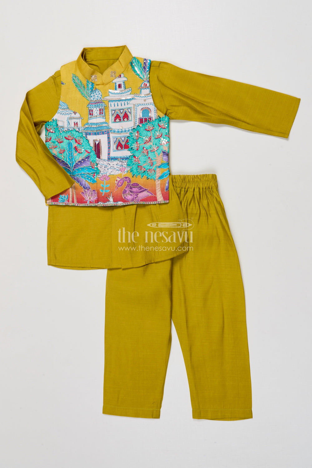 The Nesavu Boys Jacket Sets Boys Festive Jacket Set with Embroidered Digital Print for Weddings Nesavu 16 (1Y) / Green BES847A-16 Nesavu boys ethnic jacket set embroidered digital print weddings festive functions