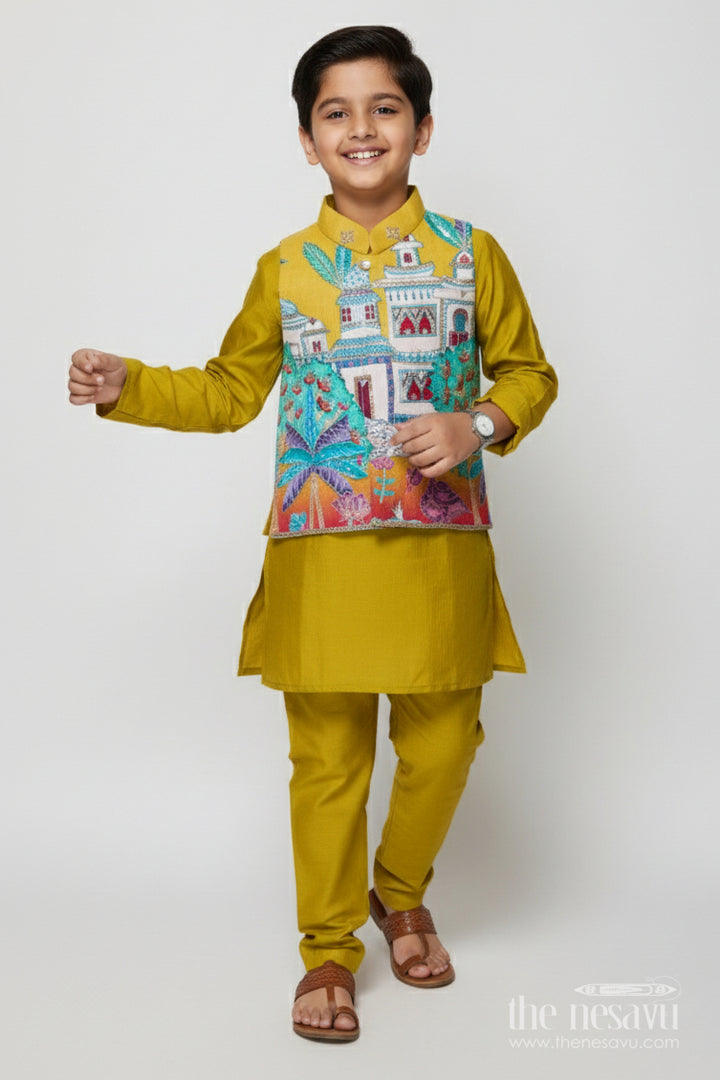 The Nesavu Boys Jacket Sets Boys Festive Jacket Set with Embroidered Digital Print for Weddings Nesavu 16 (1Y) / Green BES847A-16 Nesavu boys ethnic jacket set embroidered digital print weddings festive functions