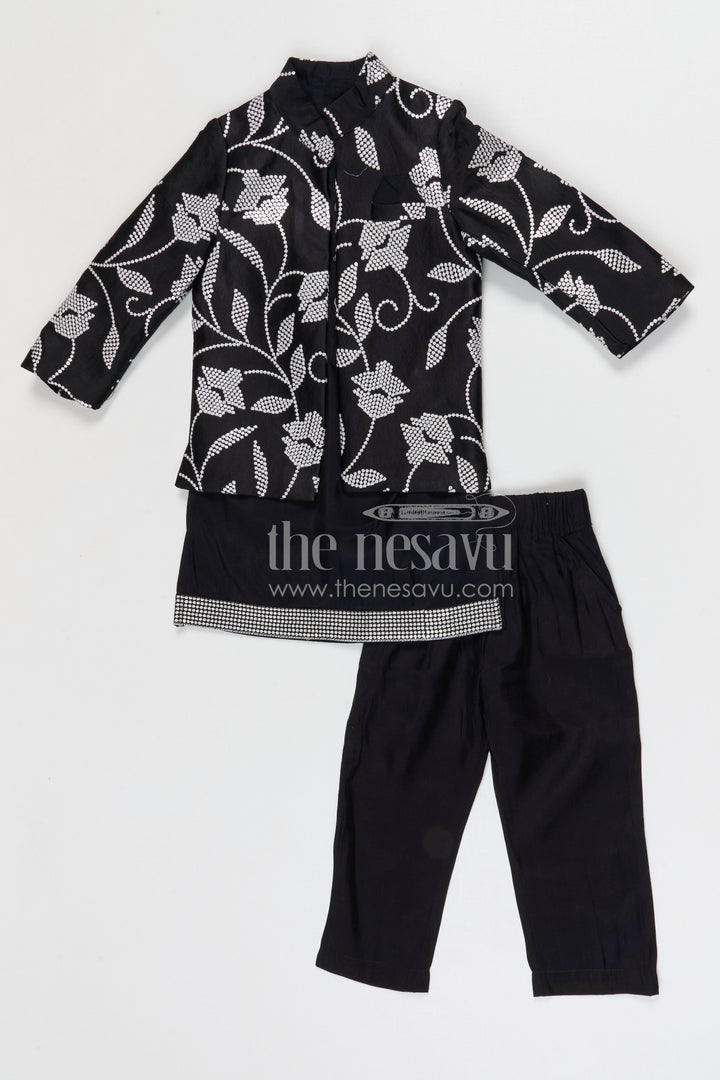 The Nesavu Boys Jacket Sets Boys Festive Kurta Jacket Set for Weddings and Celebrations Nesavu 16 (1Y) / Black / Cotton Silk BES960A-16 Nesavu boys silk cotton embroidered kurta jacket set for weddings festive celebrations and family occasions