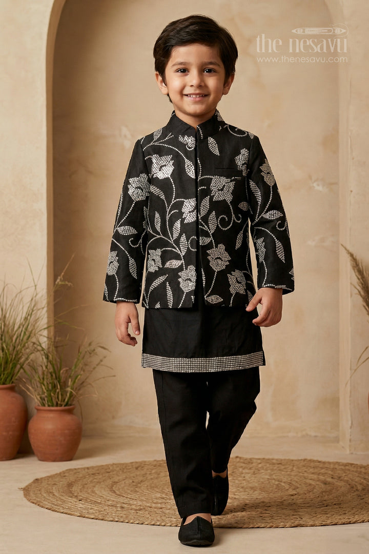 The Nesavu Boys Jacket Sets Boys Festive Kurta Jacket Set for Weddings and Celebrations Nesavu 16 (1Y) / Black / Cotton Silk BES960A-16 Nesavu boys silk cotton embroidered kurta jacket set for weddings festive celebrations and family occasions