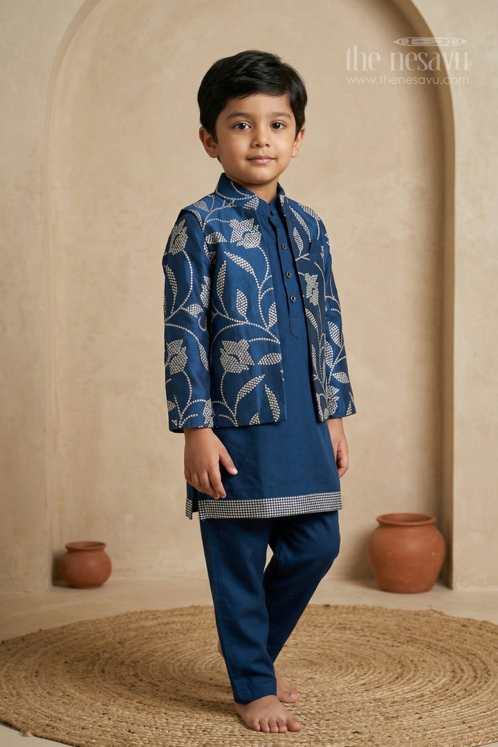 The Nesavu Boys Jacket Sets Boys Festive Kurta Jacket Set for Weddings and Special Occasions Nesavu 16 (1Y) / Blue / Cotton Silk BES960B-16 Nesavu boys silk cotton embroidered kurta jacket set for festive occasions weddings and celebrations