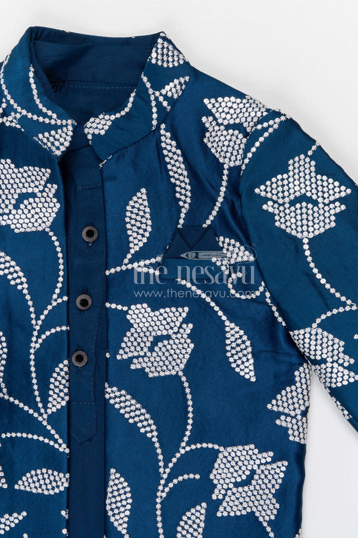 The Nesavu Boys Jacket Sets Boys Festive Kurta Jacket Set for Weddings and Special Occasions Nesavu Nesavu boys silk cotton embroidered kurta jacket set for festive occasions weddings and celebrations