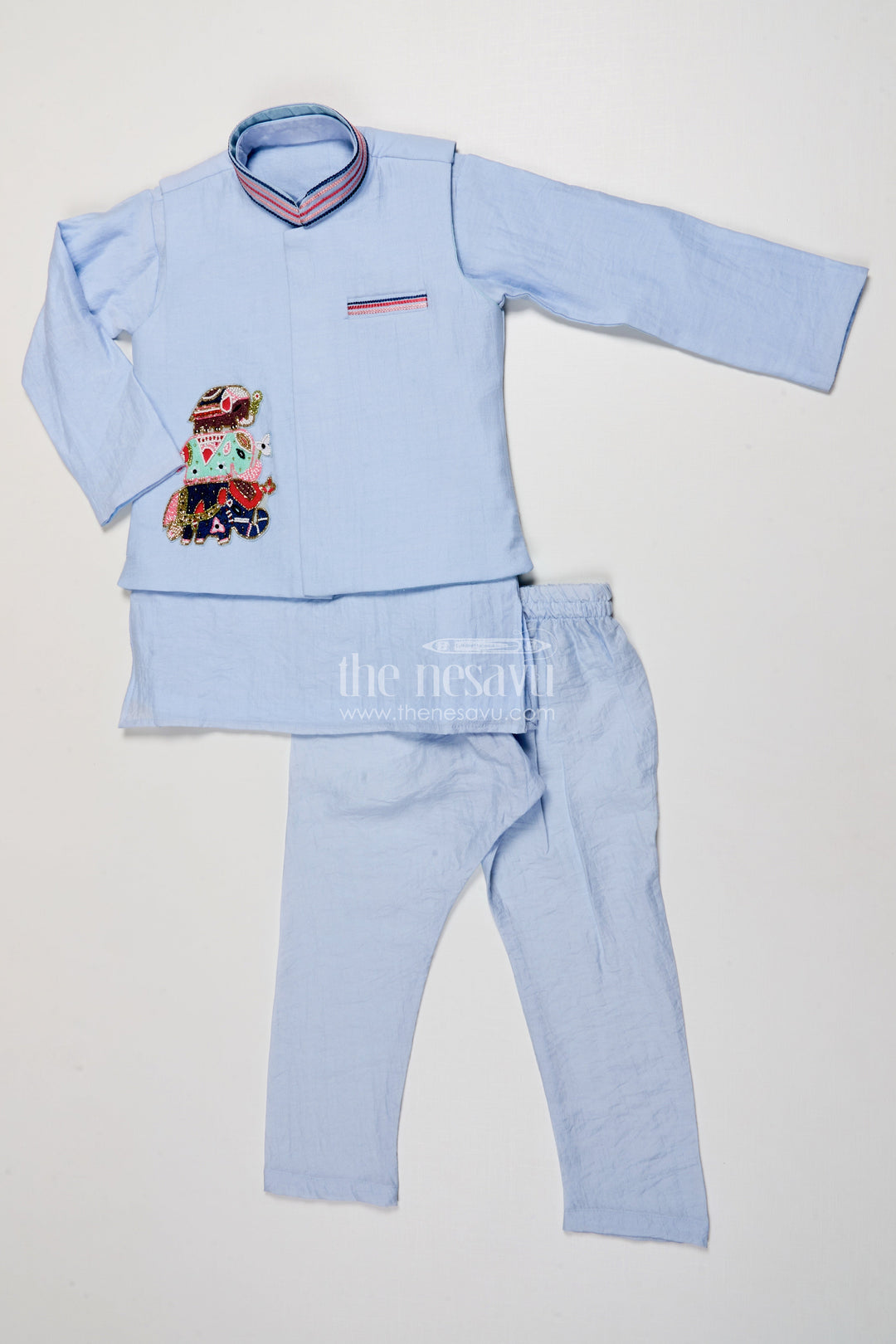 The Nesavu Boys Jacket Sets Boys Festive Kurta Set with Patch Embroidery for Ethnic Day and Pujas Nesavu 18 (2Y) / Pink BES742E-18 Nesavu boys ethnic cotton kurta set designer patch festive school days family pujas