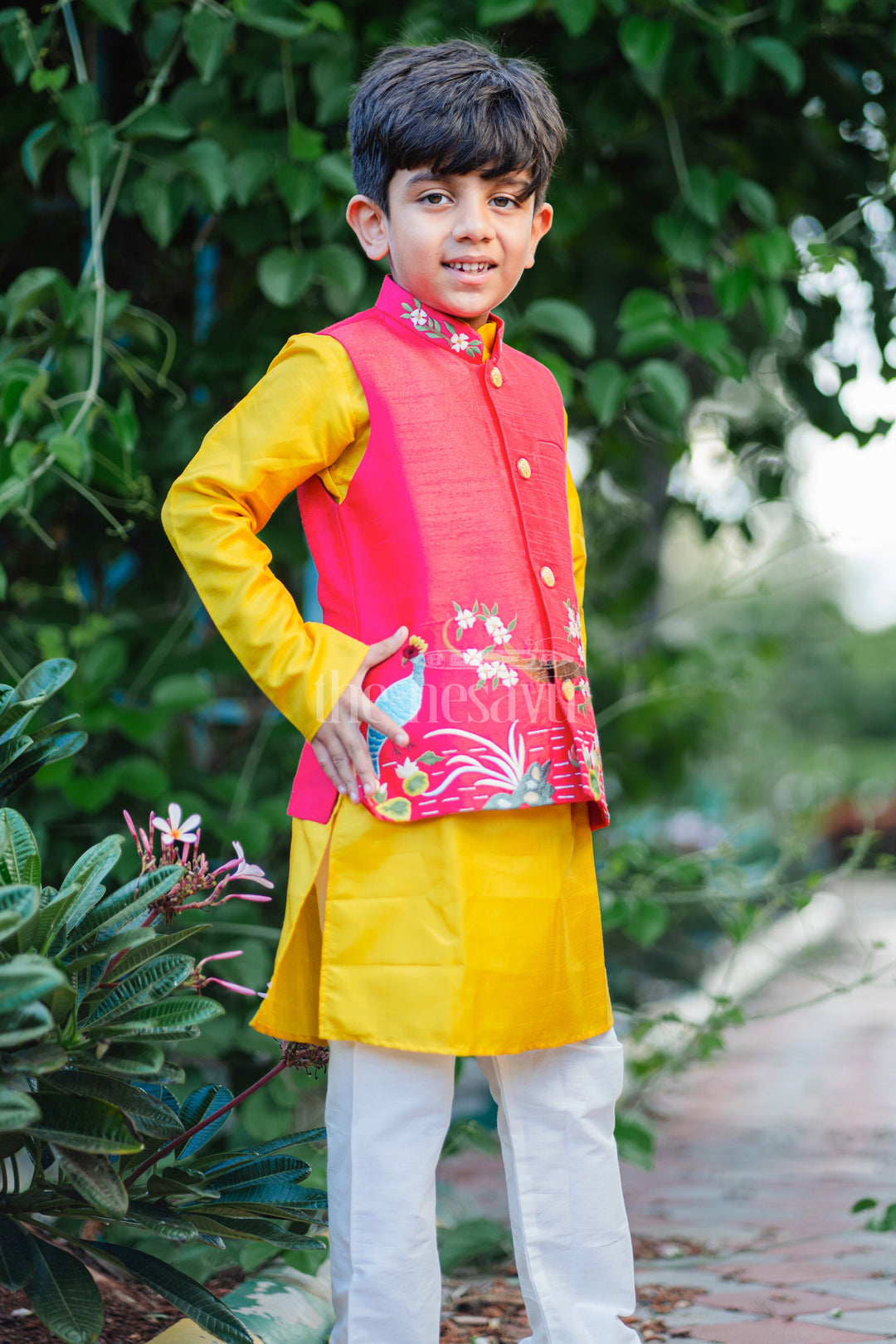 The Nesavu Boys Jacket Sets Boys Festive Peacock Embroidered Jacket With Kurta and Pant Set - Regal Pink and Yellow For Haldi Event Nesavu 14 (6M) / Yellow / Blend Silk BES541A-14 Embroidered Peacock Boys Kurta Set | Maroon and Gold Traditional Wear | The Nesavu