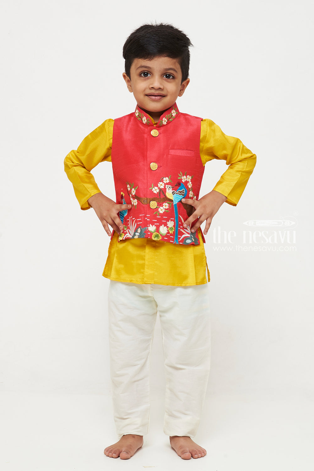 The Nesavu Boys Jacket Sets Boys Festive Peacock Embroidered Jacket With Kurta and Pant Set - Regal Pink and Yellow For Haldi Event Nesavu Embroidered Peacock Boys Kurta Set | Maroon and Gold Traditional Wear | The Nesavu