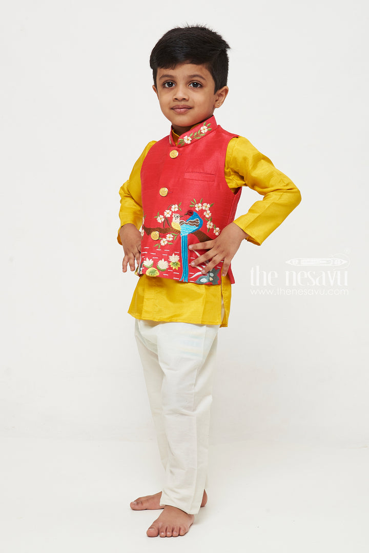 The Nesavu Boys Jacket Sets Boys Festive Peacock Embroidered Jacket With Kurta and Pant Set - Regal Pink and Yellow For Haldi Event Nesavu Embroidered Peacock Boys Kurta Set | Maroon and Gold Traditional Wear | The Nesavu