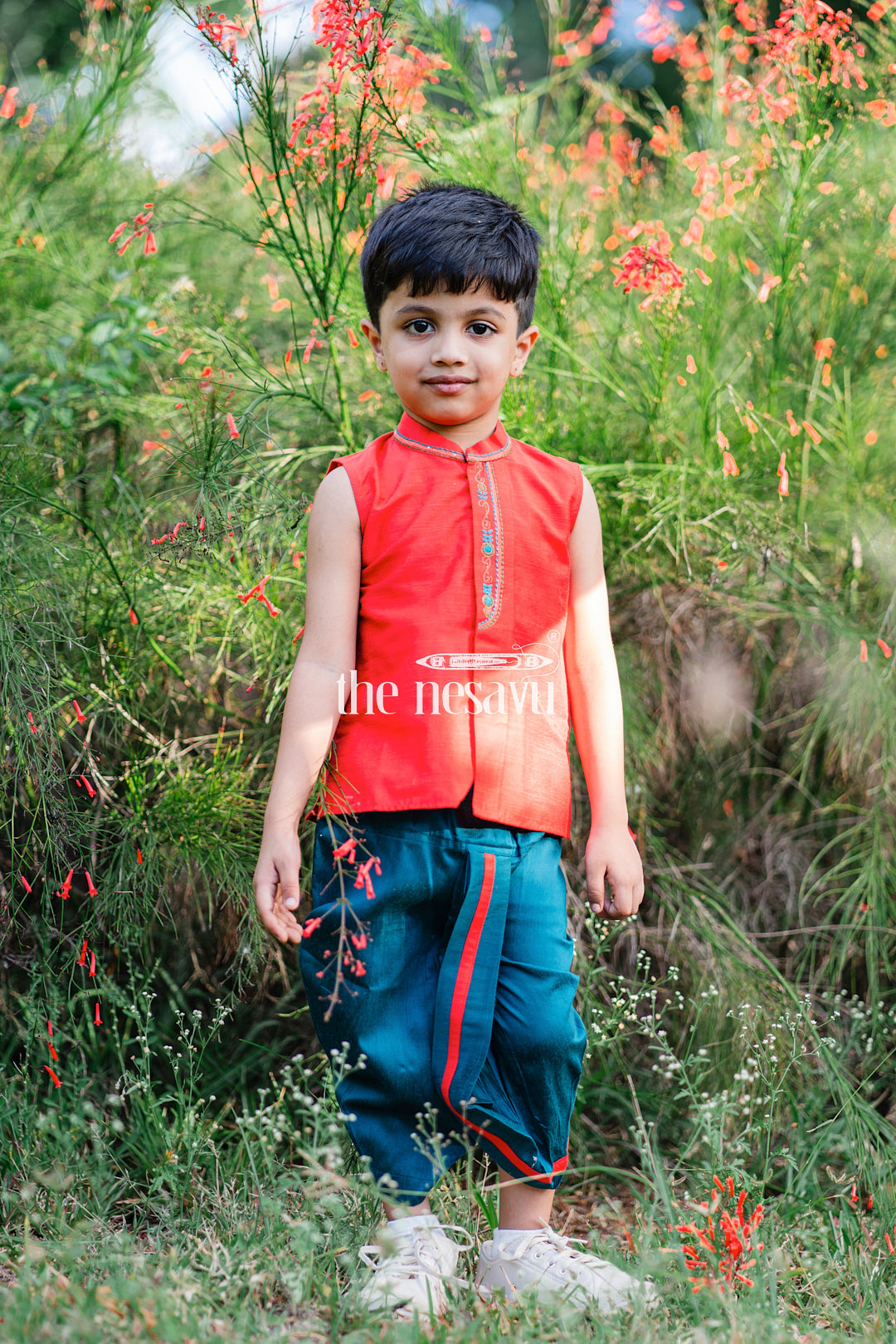 The Nesavu Boys Dothi Set Boys Festive Red Sleeveless Kurta with Embroidery design & Green Panchagajam Nesavu 12 (3M) / Red / Silk Blend BES473A-12 Traditional Boys' Red Embroidered Kurta & Green Panchagajam Set | The Nesavu