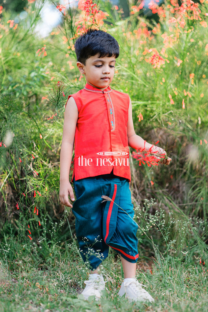 The Nesavu Boys Dothi Set Boys Festive Red Sleeveless Kurta with Embroidery design & Green Panchagajam Nesavu Traditional Boys' Red Embroidered Kurta & Green Panchagajam Set | The Nesavu