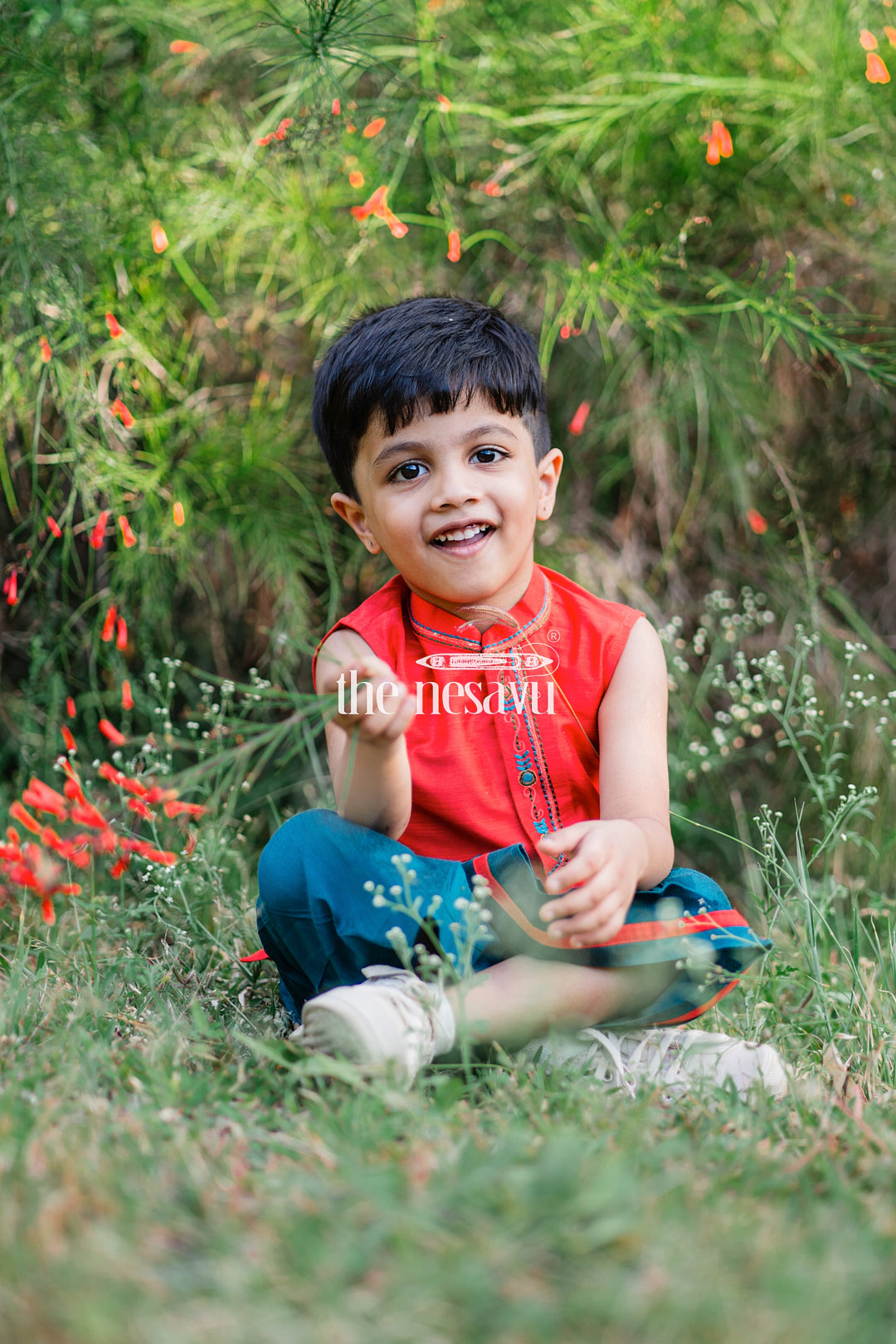 The Nesavu Boys Dothi Set Boys Festive Red Sleeveless Kurta with Embroidery design & Green Panchagajam Nesavu Traditional Boys' Red Embroidered Kurta & Green Panchagajam Set | The Nesavu