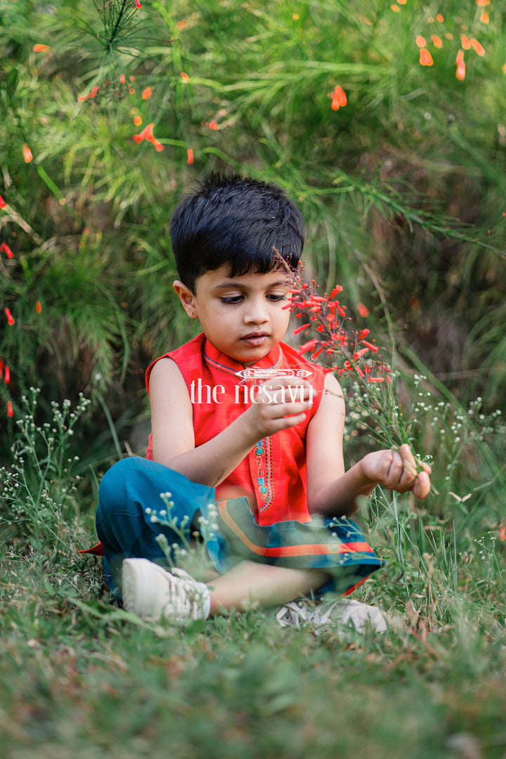 The Nesavu Boys Dothi Set Boys Festive Red Sleeveless Kurta with Embroidery design & Green Panchagajam Nesavu Traditional Boys' Red Embroidered Kurta & Green Panchagajam Set | The Nesavu