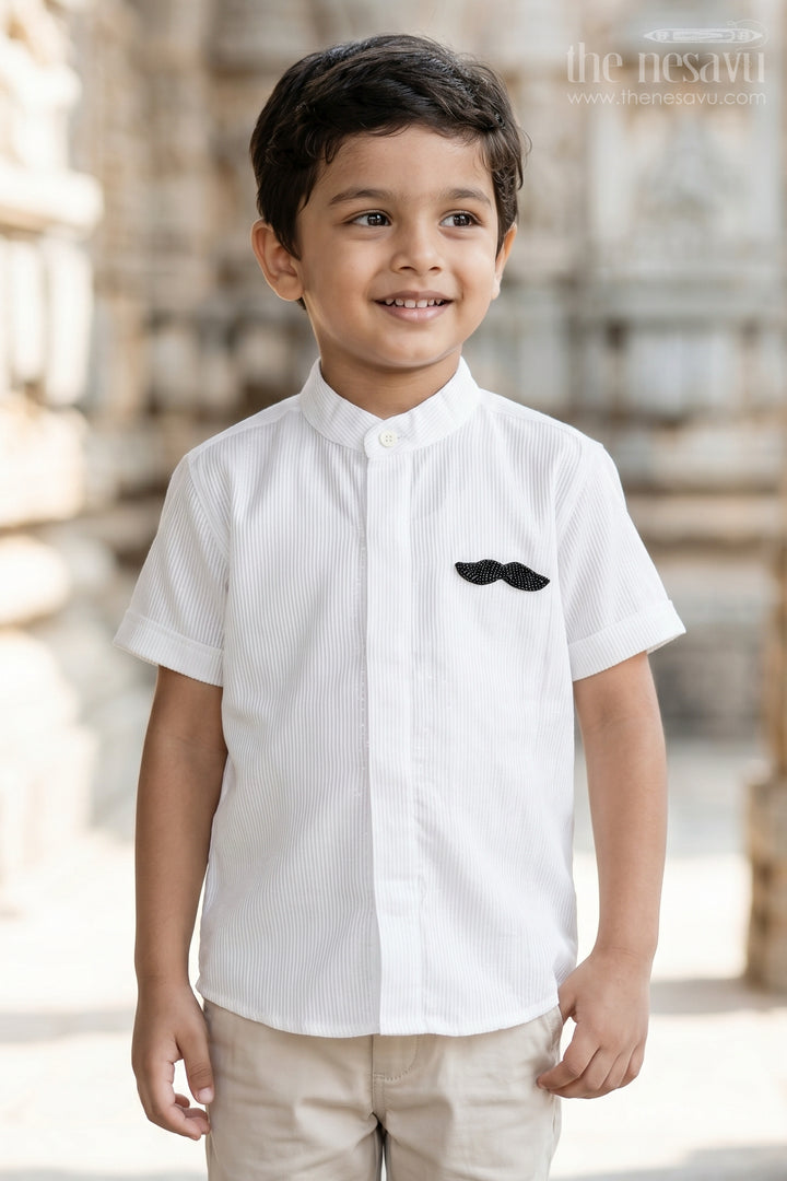 The Nesavu Boys Cotton Shirt Boys Festive Shirt for Celebration Photos Nesavu 16 (1Y) / White / Lurex BS510A-16 Nesavu Boys Festive Shirt For Celebration Photos With Lurex Zari Cotton And Moustache Applique