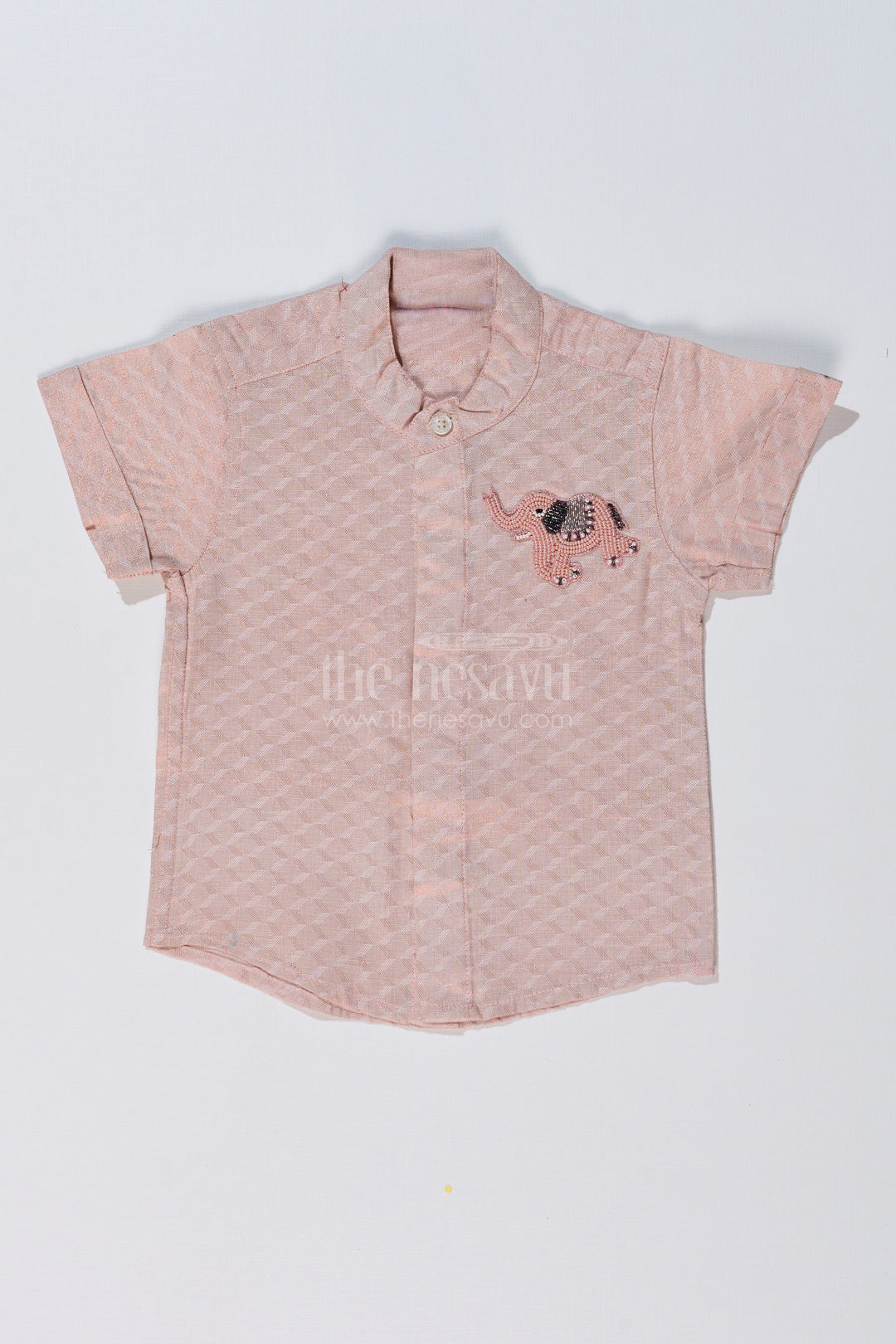 The Nesavu Boys Silk Shirt Boys Festive Silk Blend Shirt in Gold with Elephant Embroidery and Traditional Design Nesavu 16 (1Y) / Cream BS223AB-16 Boys Festive Silk Blend Shirt Elephant Embroidery Mandarin Collar | The Nesavu